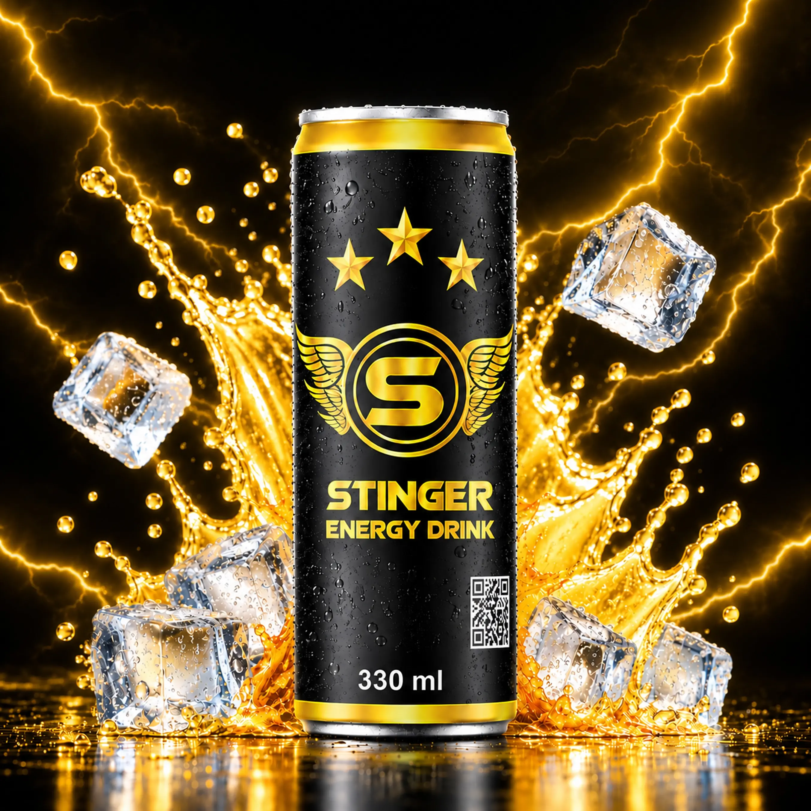 STINGER Energy Drink 330 ml black and gold can with golden liquid splash, ice cubes and lightning background.